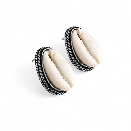 Framed Natural Cowrie Shell Stud Earrings