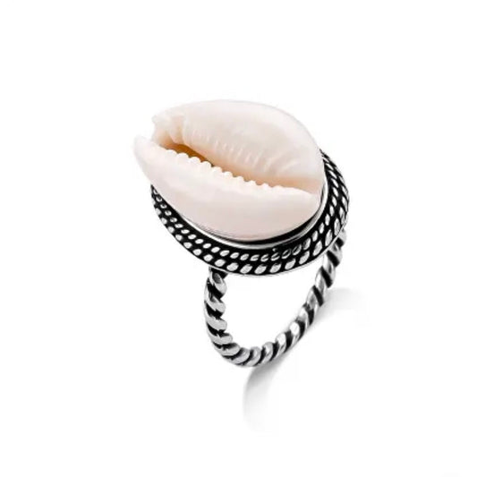 Framed natural cowrie shell ring