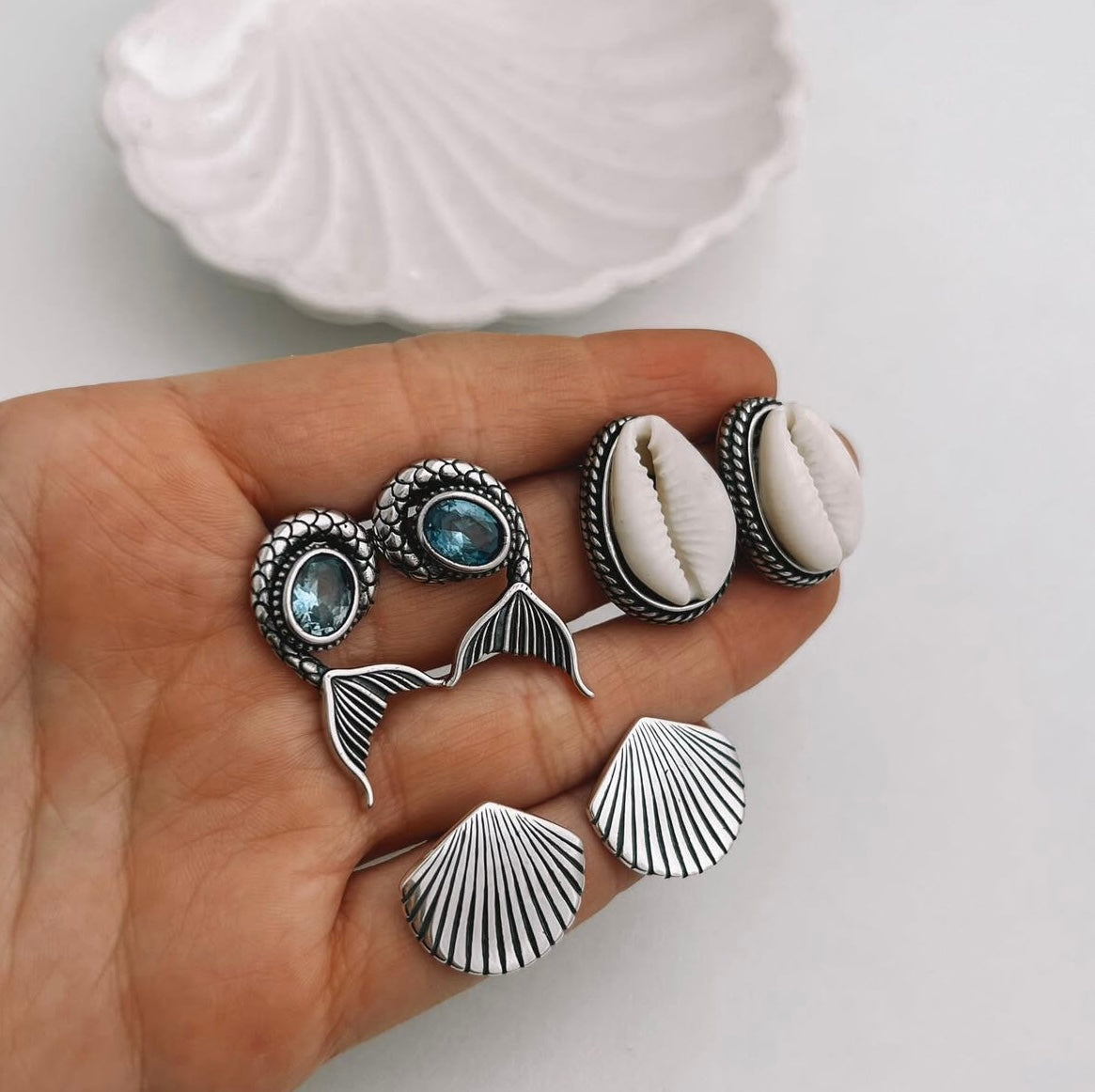 Framed Natural Cowrie Shell Stud Earrings