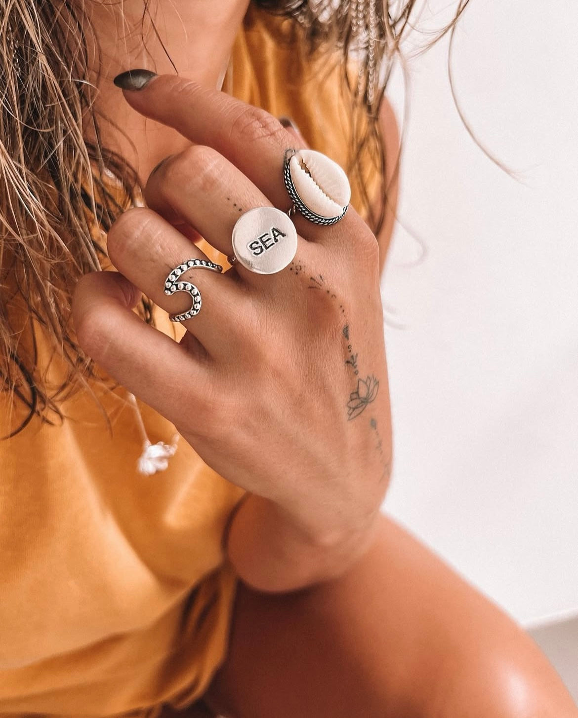 Framed Natural Cowrie Shell Ring