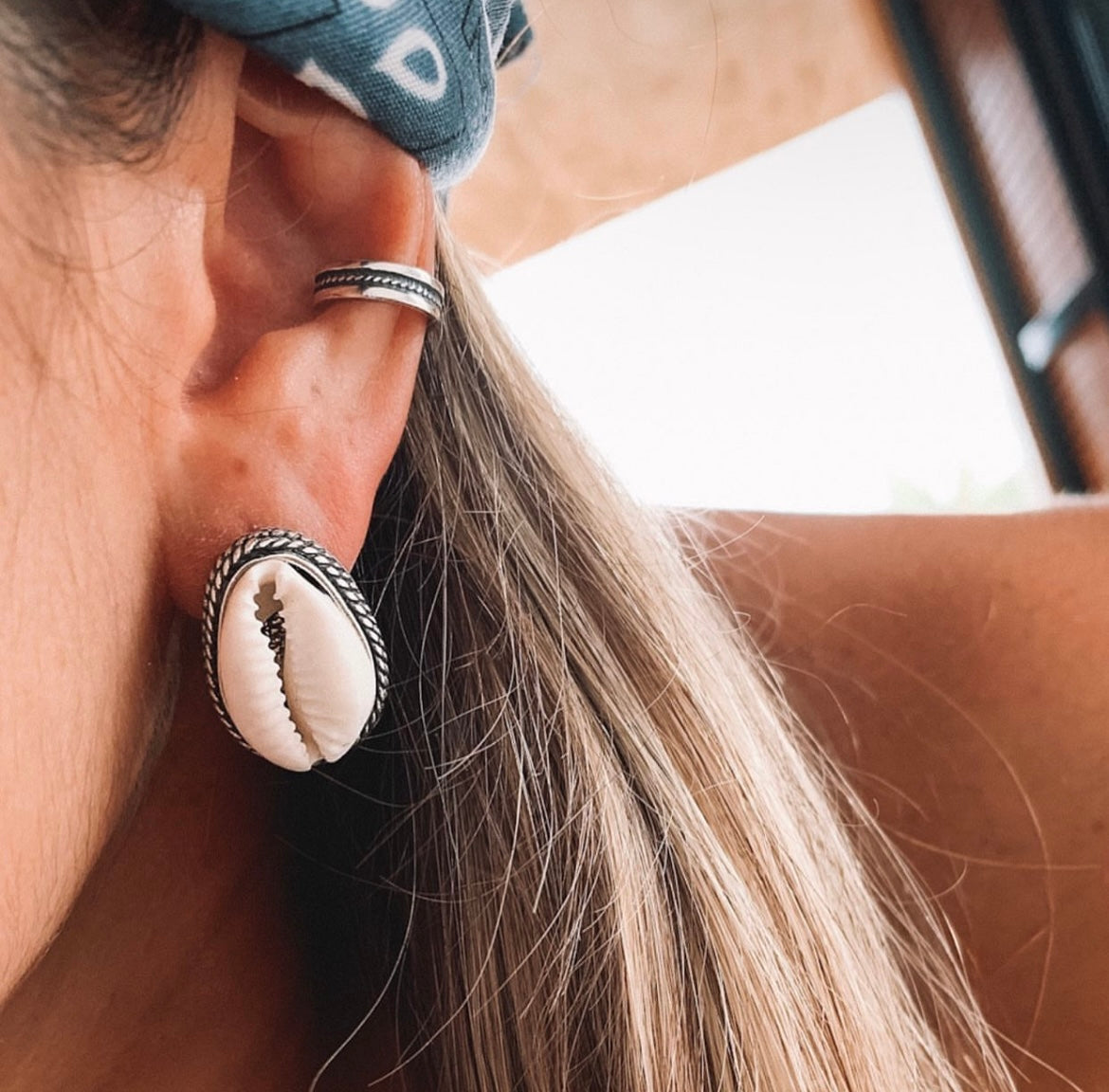 Framed Natural Cowrie Shell Stud Earrings